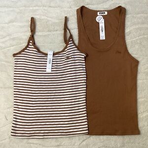 PINK Victoria's Secret Brown and Striped Tank Tops Duo Y2K inspire